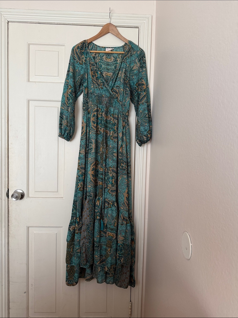Bohemian Teal Paisley Maxi Dress with Smocked Waist